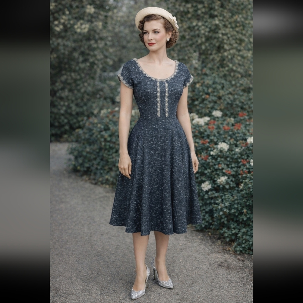 1950s Grey Silk Tweed Rhinestone Beaded Embellished Dress Large - Picture 2 of 9